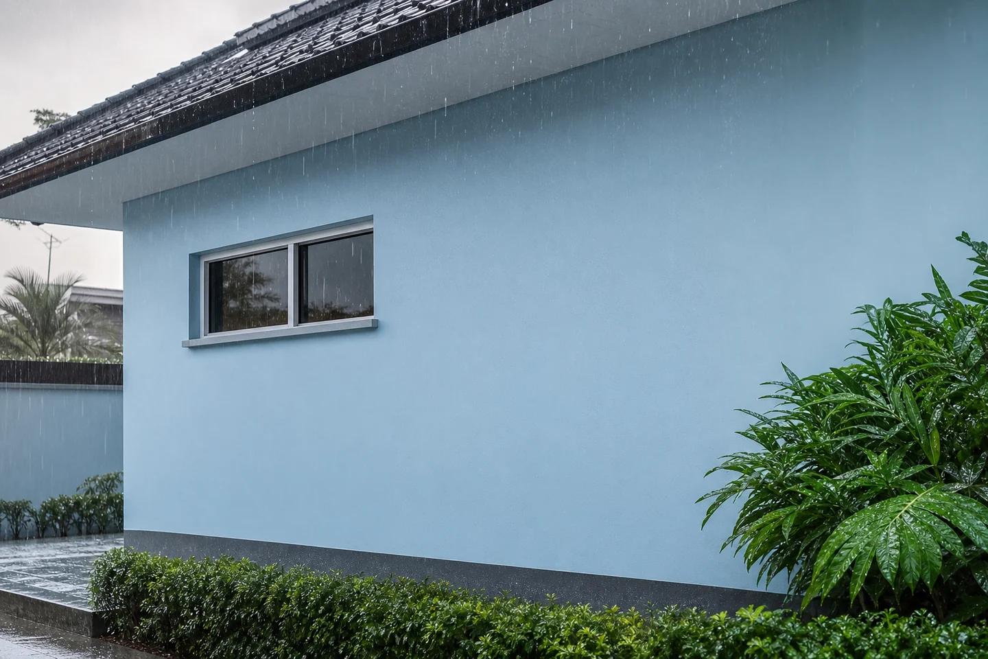 Fachada azul protegida sob chuva