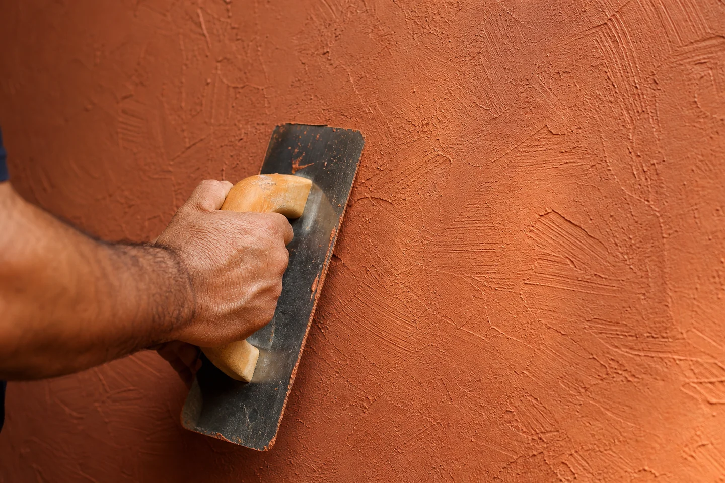 Aplicação artesanal de revestimento texturizado terracota
