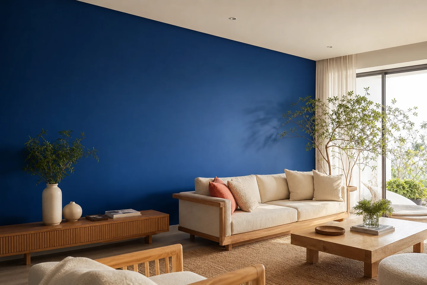 Sala contemporânea com parede azul recém-pintada e acabamento uniforme